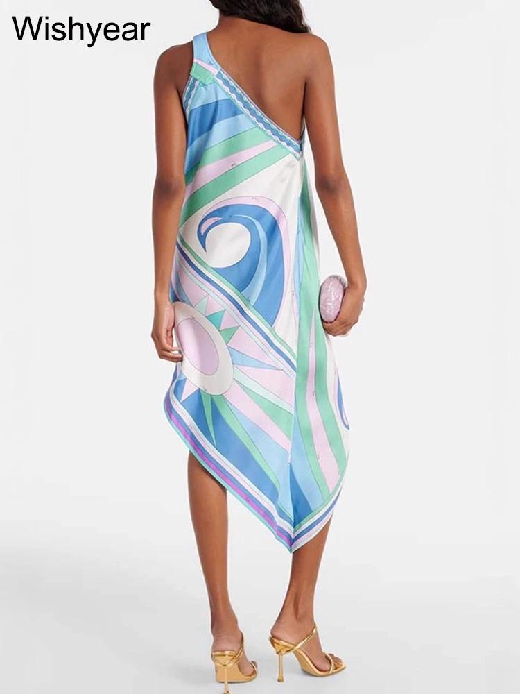 فستان Wishyear نسائي مثير بكتف واحد من الساتان بدون أكمام أنيق مطبوع بدون ظهر فضفاض متوسط الطول لحفلات الشاطئ الأفريقية