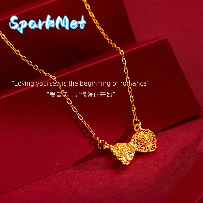 

Ожерелье-кулон Sparkmet с бантом из настоящего золота 9999 пробы (24K), нежный и милый комплект с цепочкой, подарок для женщин, мам, девушек
