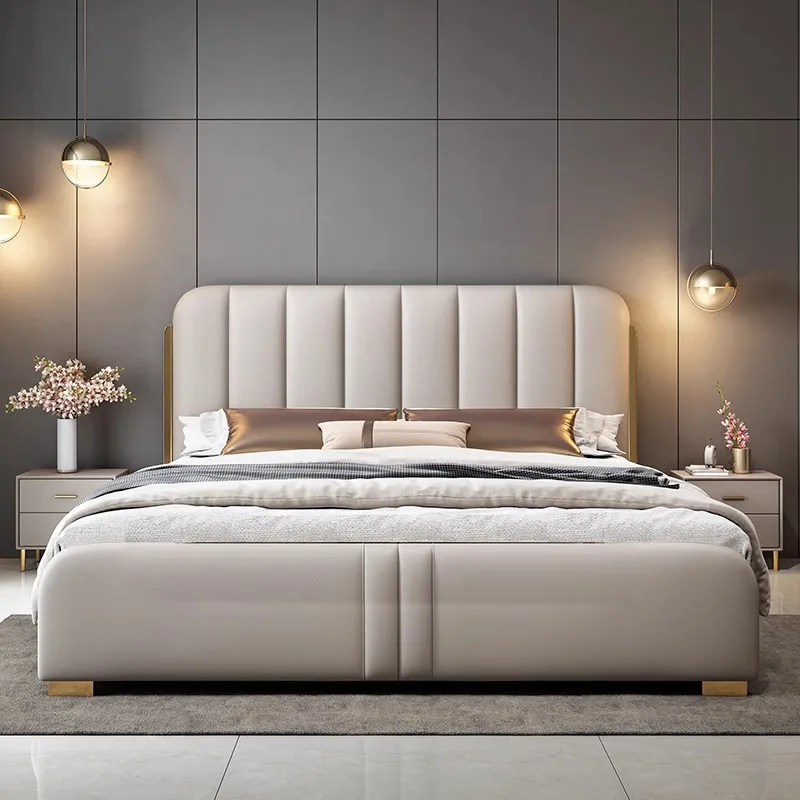 ！@Italian Up-holstered Beds High-End Luxury Leather Bed  Double Soft Master Bedroom Leather Art Bed Revolving Feature King Queen