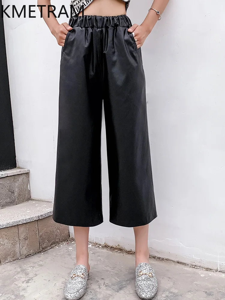 KMETRAM 100% Top Layer of Cowhide Women Pants Autumn 2025 Black Cropped Pants Genuine Leather Straight Trousers Woman Clothes