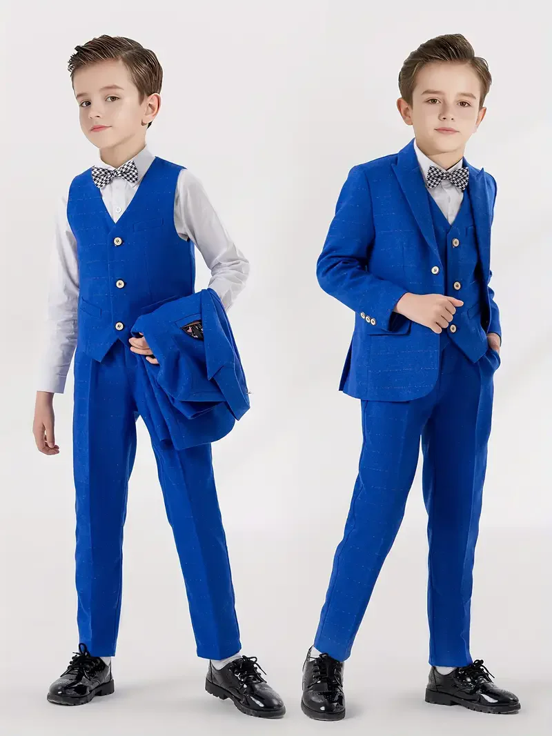 Children's Royal Blue 4Pieces/Set Jacket Vest Pants Bowtie Host Performance Suit Flower Boys Wedding Suit Kids Birthday Blazer