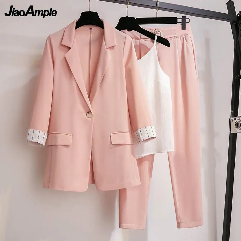 2024 Spring Autumn Women 3 Pcs Pants Set Office Lady Graceful Suit Coat+Sling+Trousers Sets Working Basic Joker Clothing Female