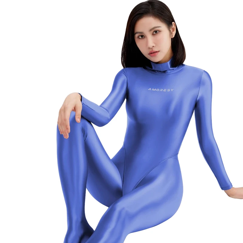 sexy women gloss One piece T-shaped swimsuit  tight Shiny high fork long sleeve Elasticity smooth yoga zipper Fitness clothes