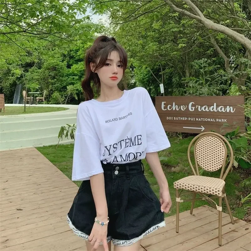 DAYIFUN-Hollow Out Design T-shirt Women Letter Printed Short Sleeve O Neck Tee Lady Oversize Mid Length Tops Summer Tshirt 2024