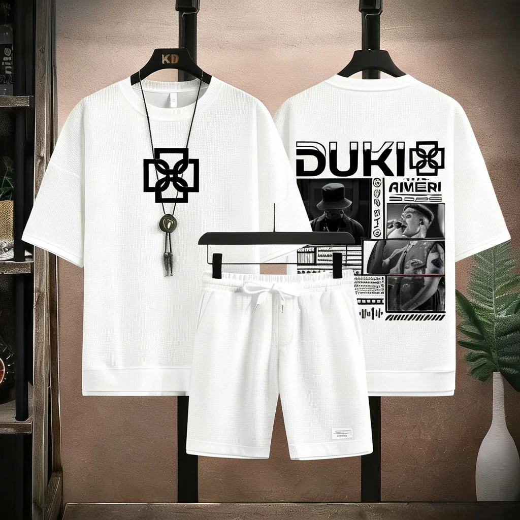 

Men's Waffle Tracksuit DUKI Rapper Graphic T-Shirt And Drawstring Shorts Casual Hip Hop Outfit 2026