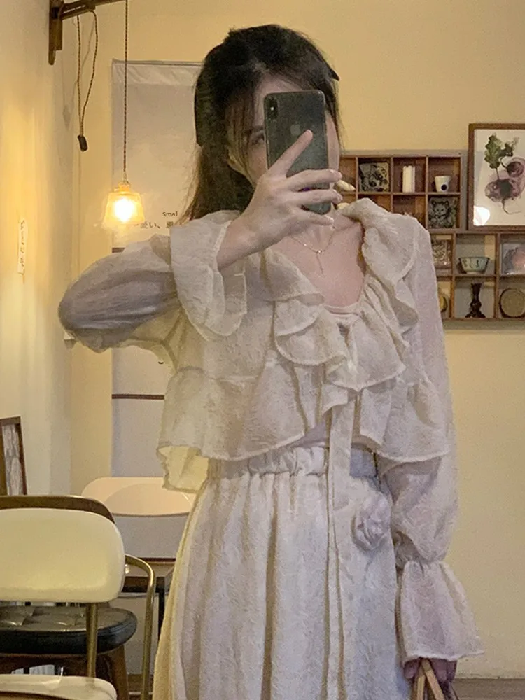 Csa de Protección Solar ra de Verano para Mujer, Manga Corta, Adorno de Encaje de Chifón, Prenda Exterior con Cuello e...