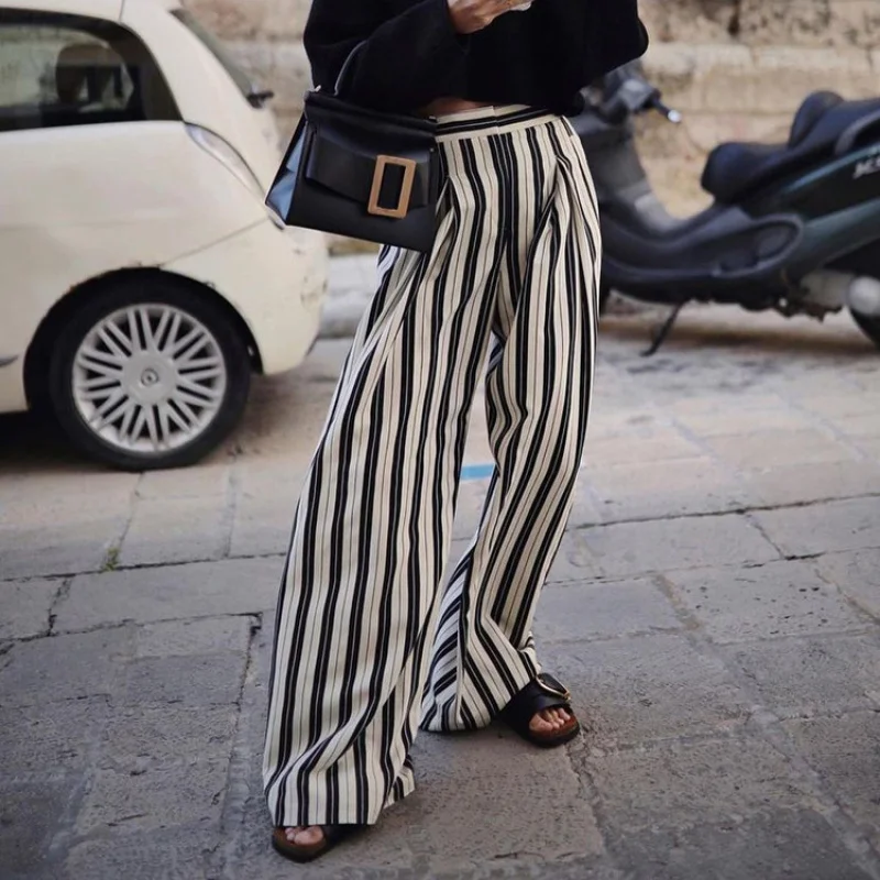 Women's Black and White Striped Wide-Leg Pants, Casual Slimming Pants, High Waist, Loose Drooping, Mop Trousers, New