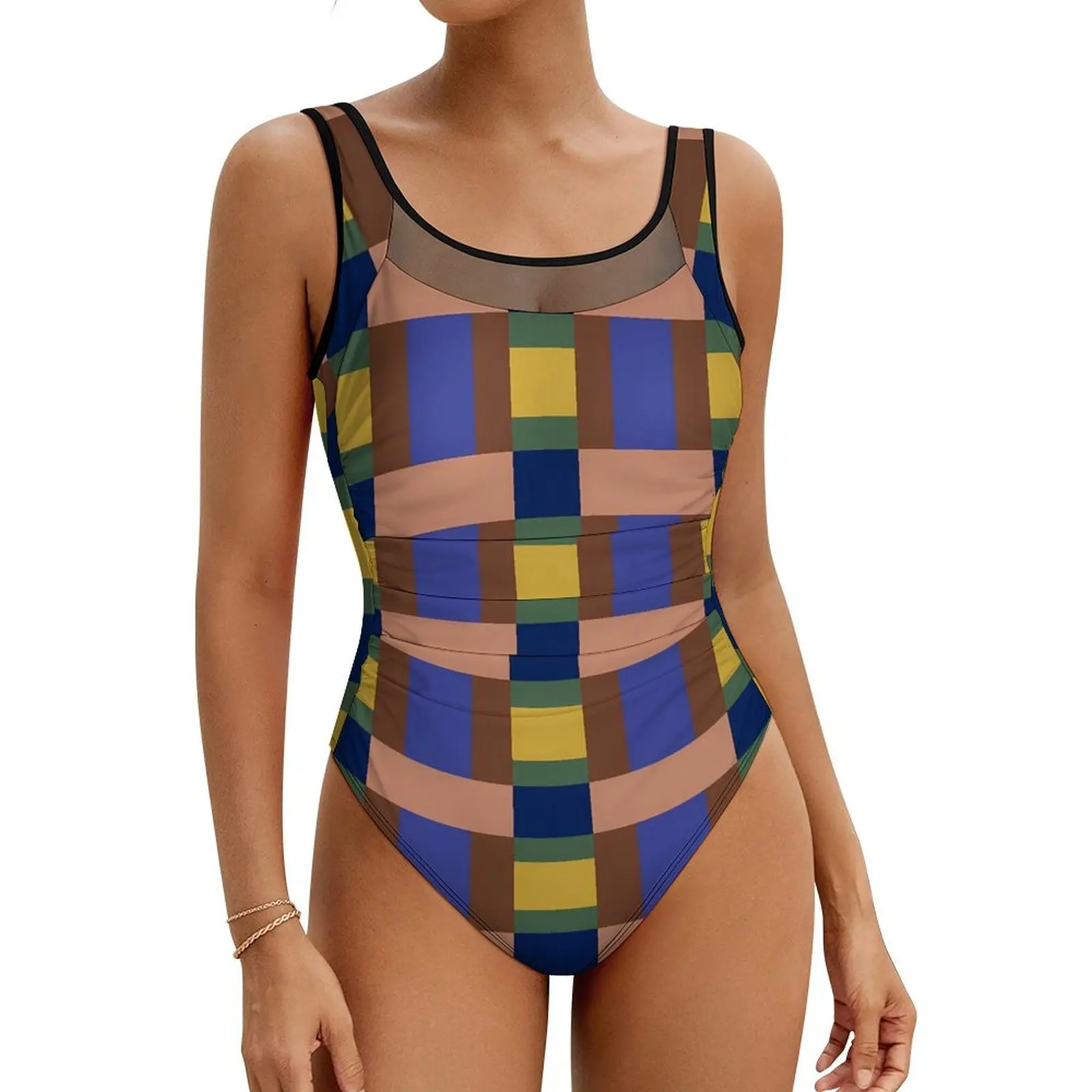 

Patchwork Print Swimsuit Sexy Green Yellow Block One Piece Swimwear Push Up Swimsuits Modern Holiday Swim Bathing Suit