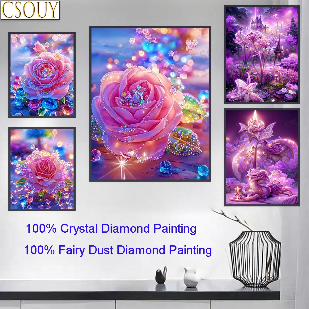 

100% Фея Пыль Diy Алмазная картина Вышивка крестиком Розовая роза Цветы Квадратная вышивка Мозаика Домашний декор Рукоделие Кристалл AB 5D