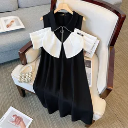 150Kg Plus Size Women's Bust 148 Summer Loose Simple Shoulder Slip Little Black Dress 4XL 5XL 6XL 7XL 8XL 9XL