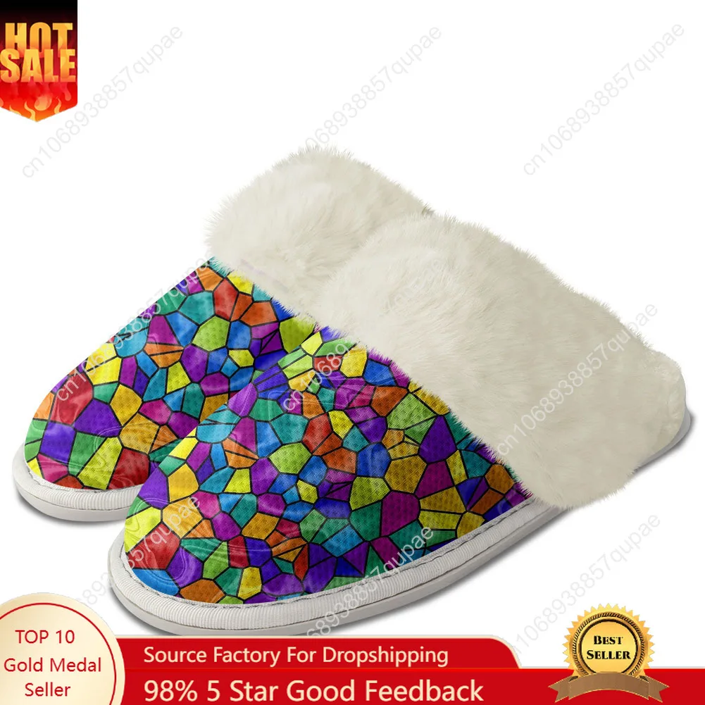

Custom Abstract Multicolor Plush Slippers Keep Warm Shoes Mens Womens Retro Breathable Home Cotton Thermal Lightweight Slipper