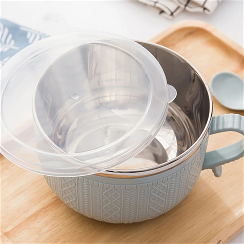 Stainless Steel Double-layer Ramen Noodles Bowl Anti-scalding Instant Noodle Bowl Large Capacity With Lid And Spoon Tableware