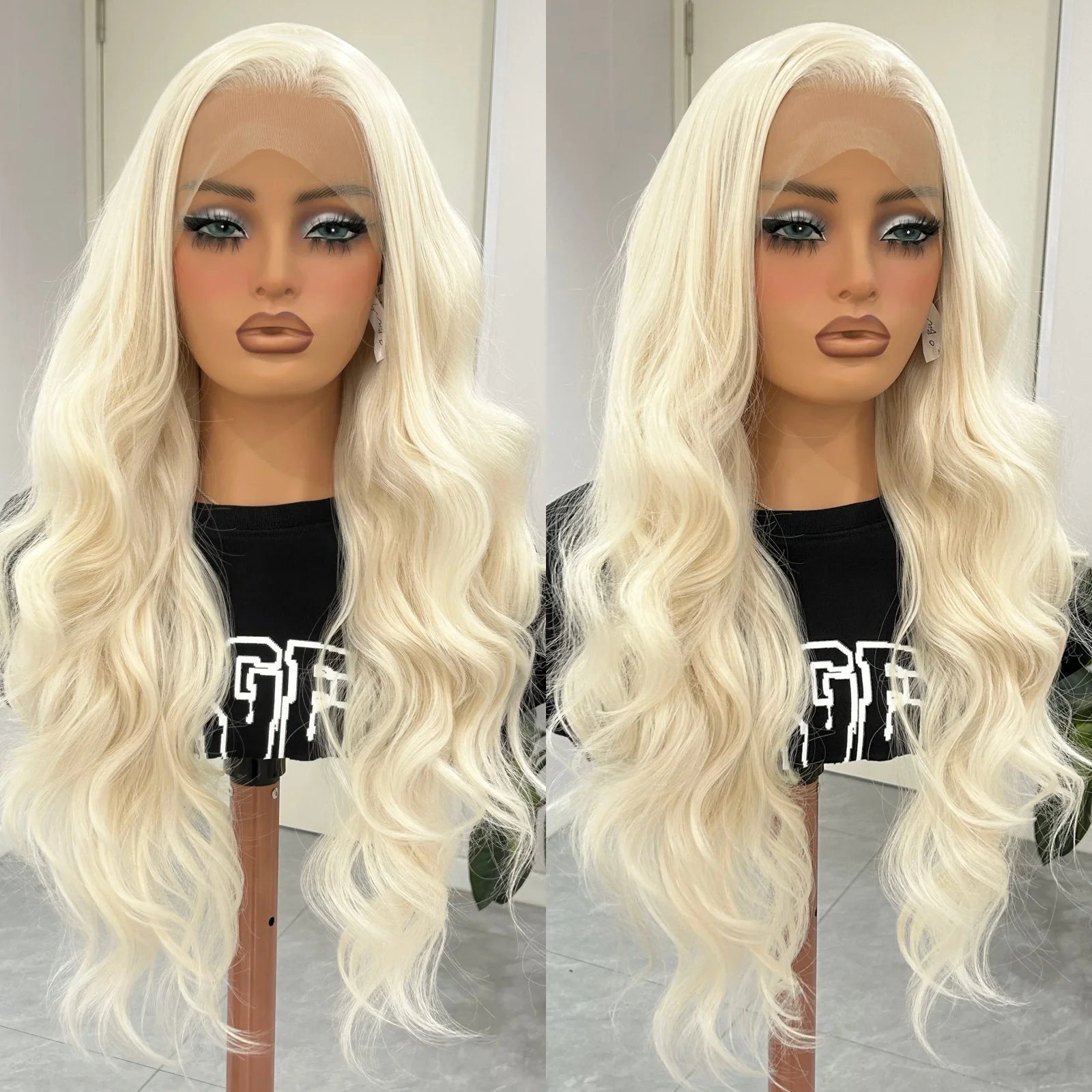 Long Platinum Blonde Curly Wavy 13x4 Body Wave Lace Front Wigs for Women Free Part Synthetic 60 White Blonde Glueless Daily Use