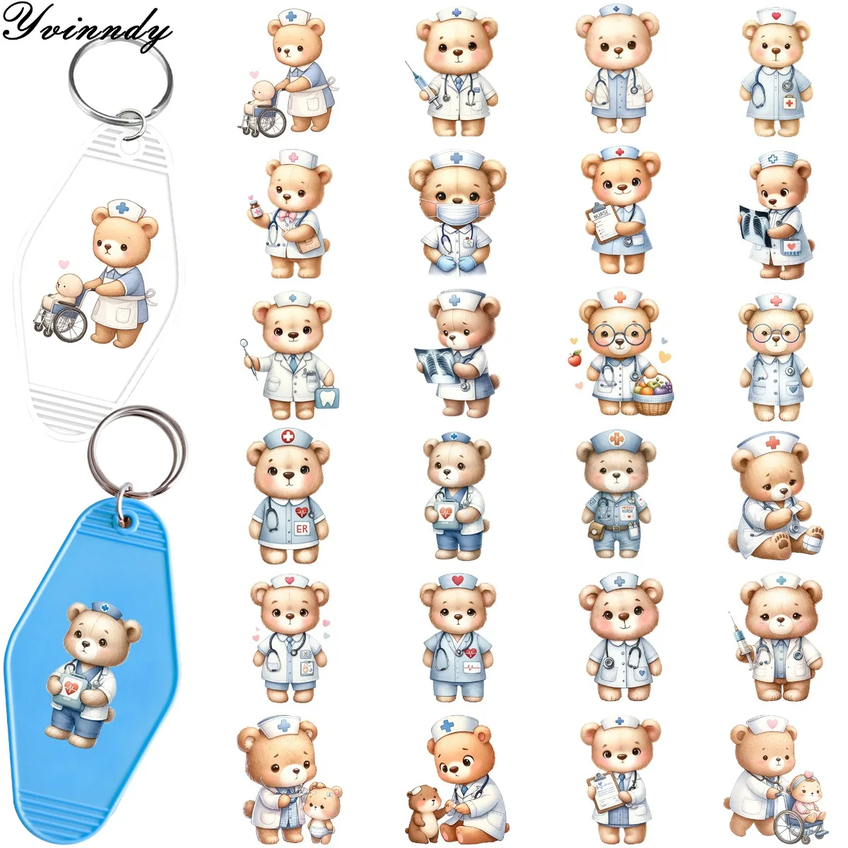 

48Pcs/SetNurse Bear IY Motel Keychain UV DTF Transfer Sticker For Key Chain Personal Accessories