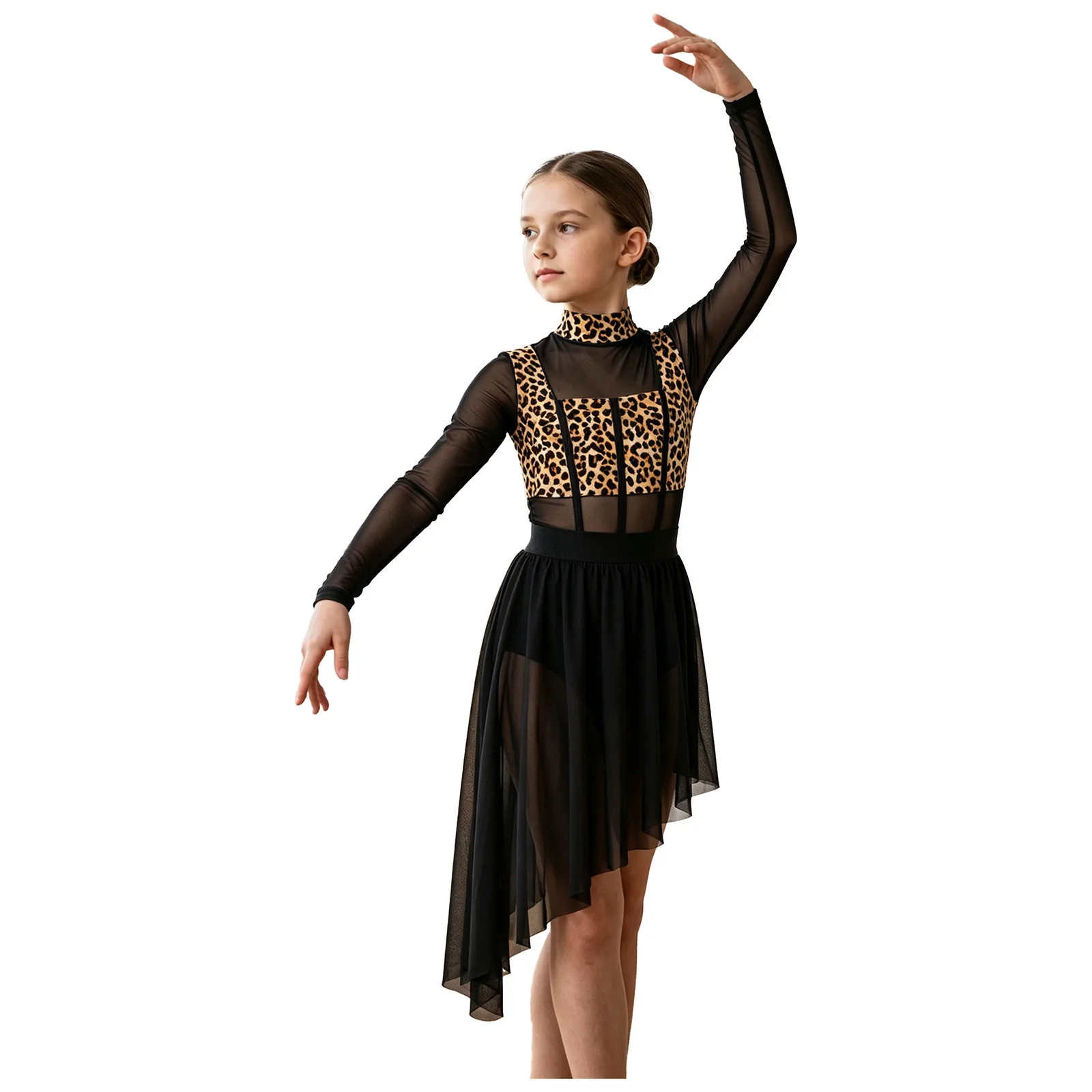Kids Girls Mesh Printed Figure Skating Dress Lyrical Dance Costume Children's Ballet Gymnastics Leotard Dress Asymmetrical Hem