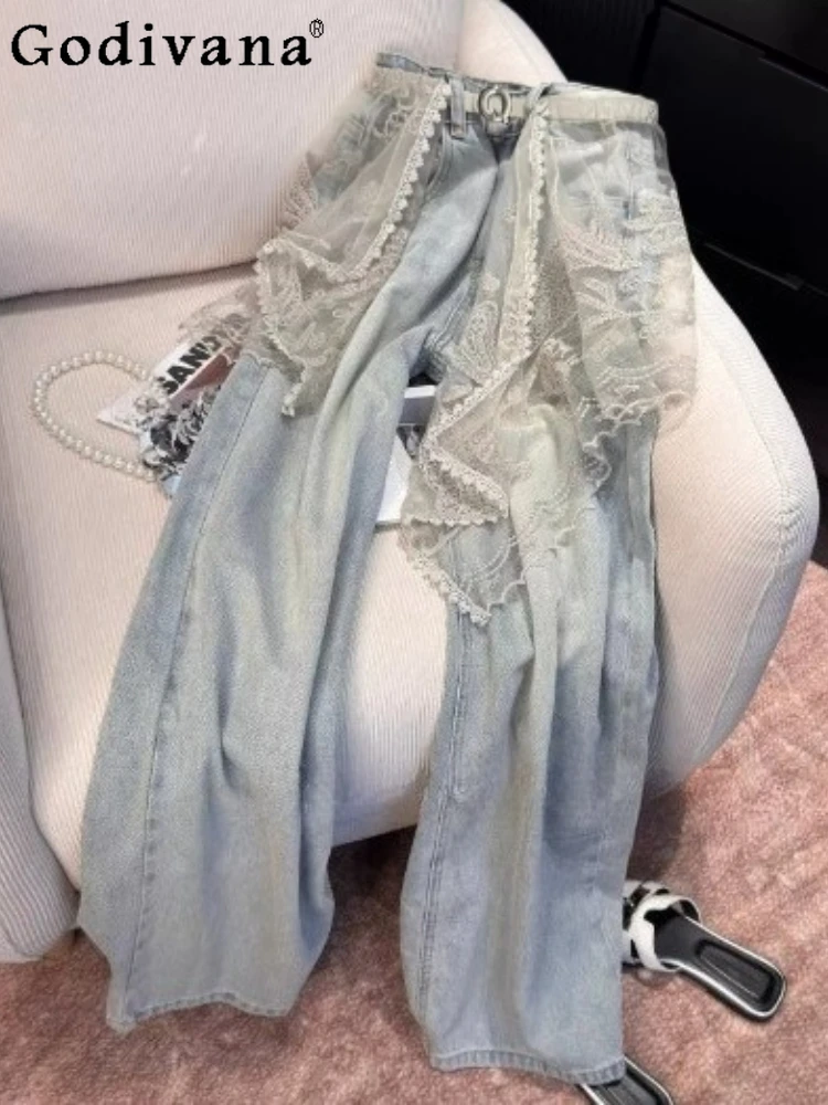 

Women Summer Fashion Large Size Blue Lace Splicing Wide-leg Jeans Fashion High Waist Age-reducing Leisure Straight Trousers