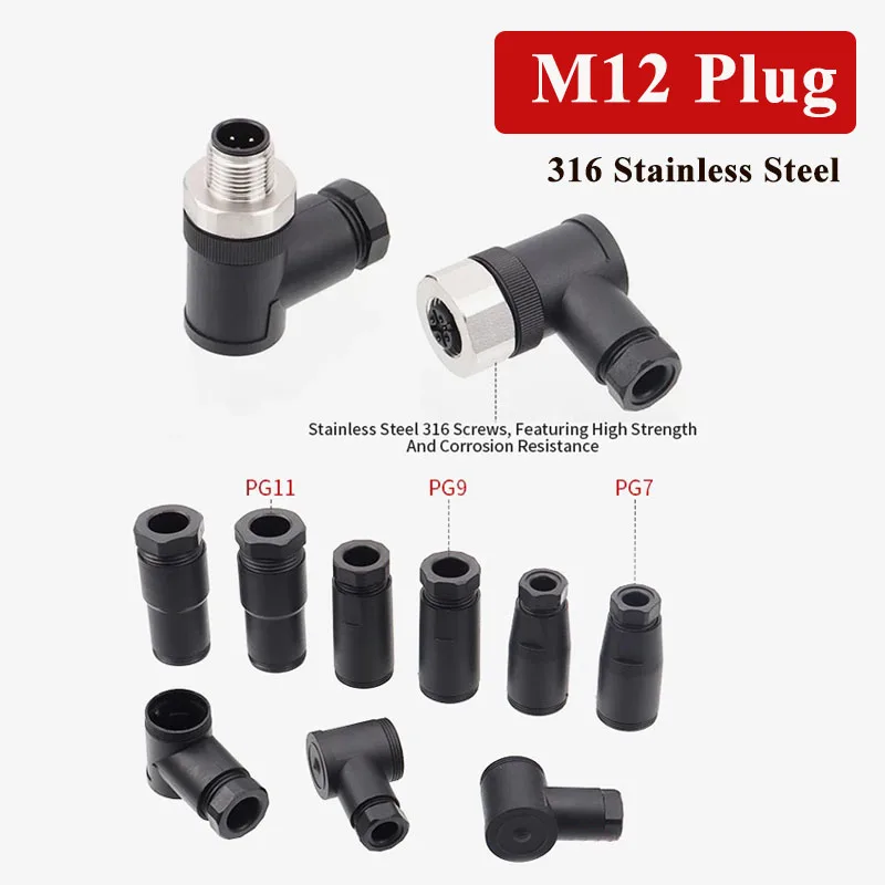 

Waterproof M12 A-type 3 4 5 6 8 Pin Ship Connector 316 Stainless Steel IP67 Straight Bend Anti-rust Plug PG7 PG9 PG11 Connector