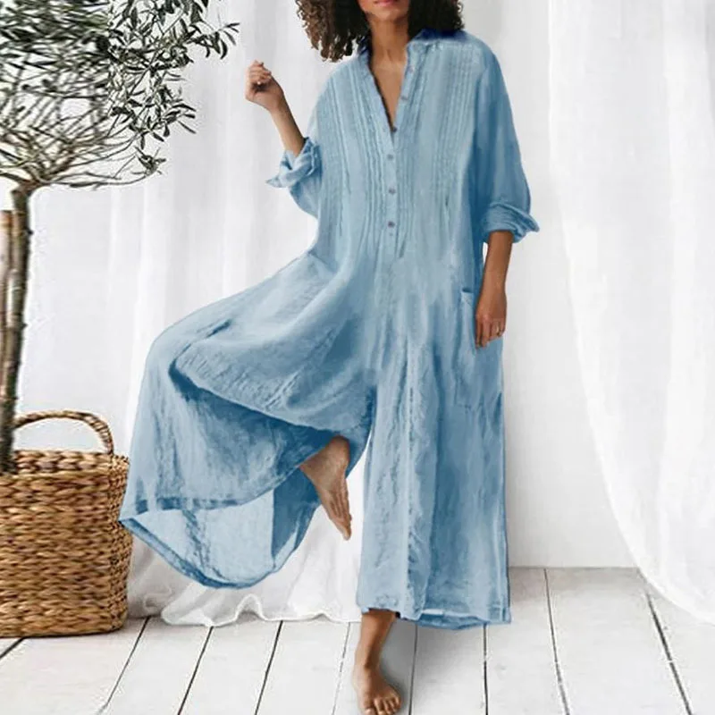 

2025 Spring And Summer Fashion Women's Clothing High Street Summer Fashion Casual Loose V-neck Long Seven-quarter Sleeve Jumpsui