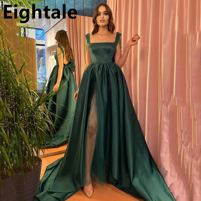 

Emerald Green A Line Split Evening Dresses Sexy Open Back With Big Bow Scoop Neckline Arabic Party Celebrity Gowns Prom Wears