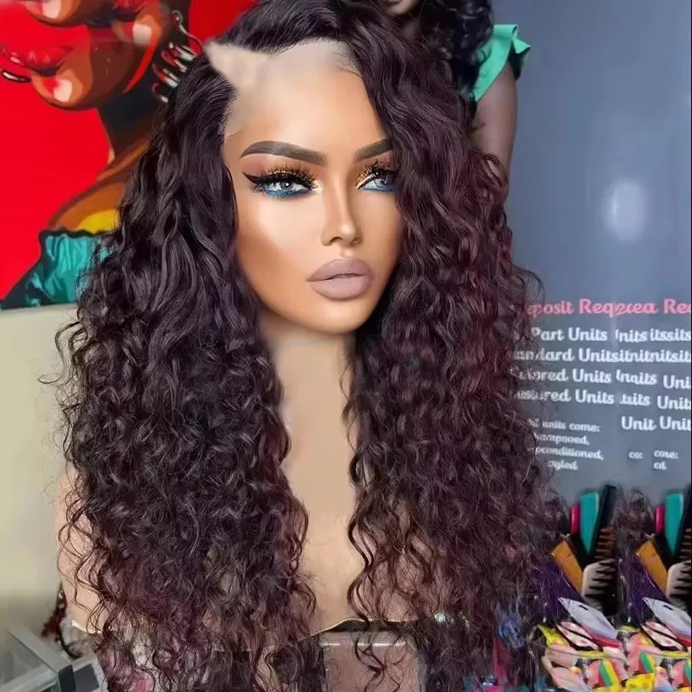 Ombre 99j Burgundy Red Side Part Bouncy Curly Remy 100% Human Hair Water Wave U Part Wig Cheap Hair for Black Women Natural Hair