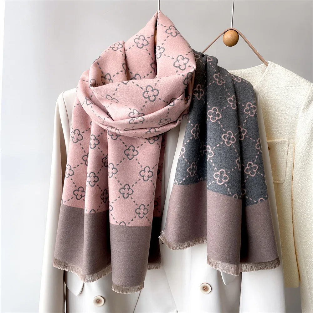 2024 Luxe Bloemenprint Sjaal Voor Vrouwen Warmer Winter Kasjmier Pashmina Sjaals Vrouwelijke Dikke Deken Wraps Foulard