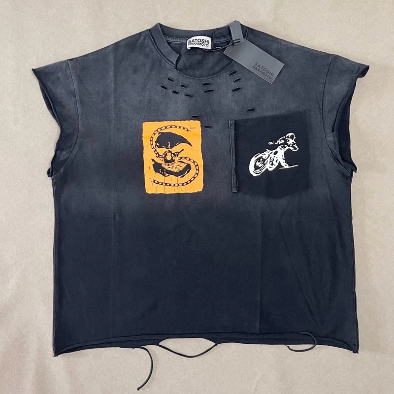 Schwarzes Acid-Wash Herren-Tanktop, zerrissenes ärmelloses Grafik-T-Shirt, Damen Vintage-Stern-Print, übergroßes Y2k Streetwear-Oberteil – Detail 5