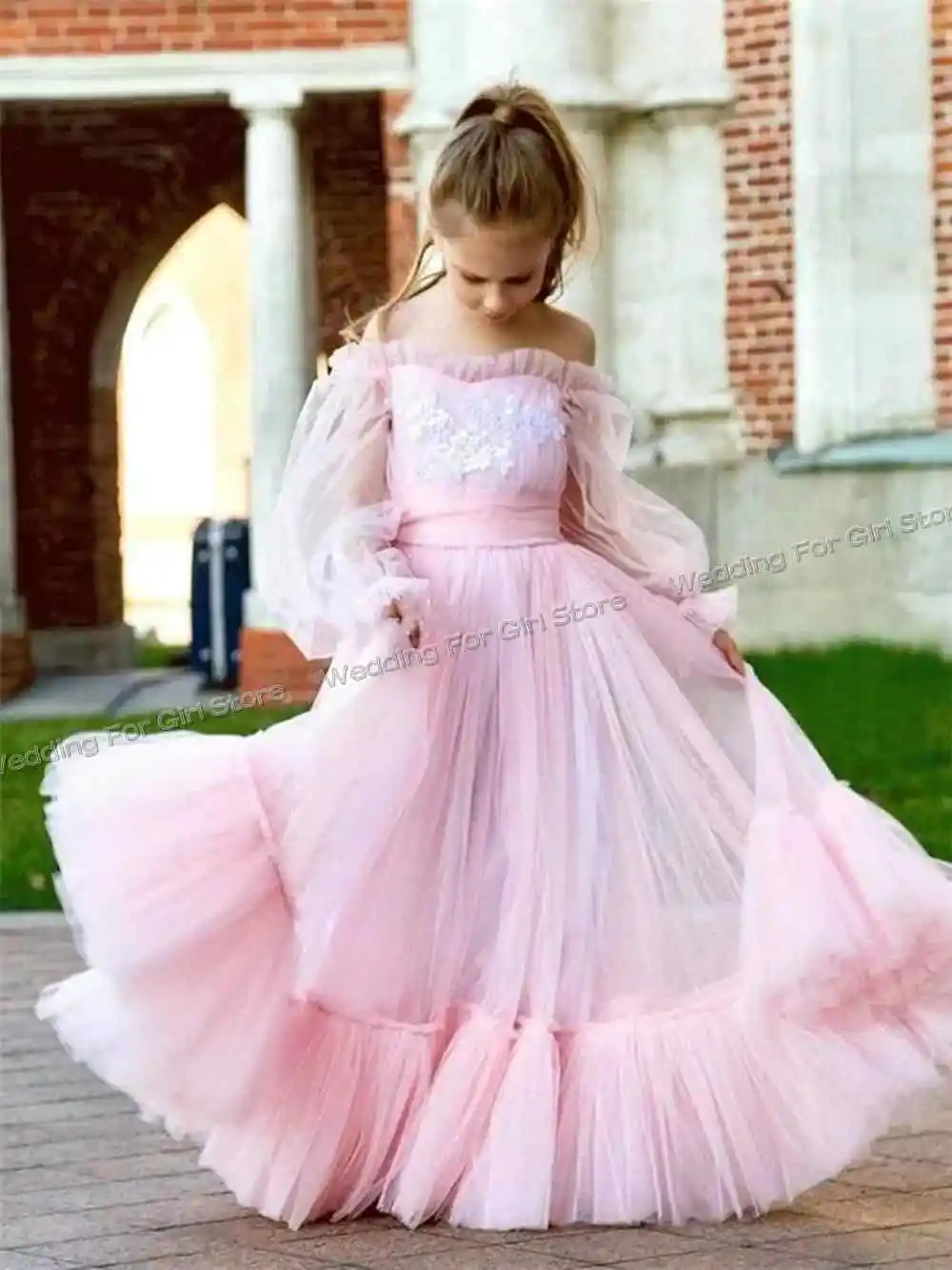 A-Line Pink Flower Girl Dress For Wedding Off Shoulder Princess Girls Birthday Clothes Customize Ruffles Prom Girl Dresses