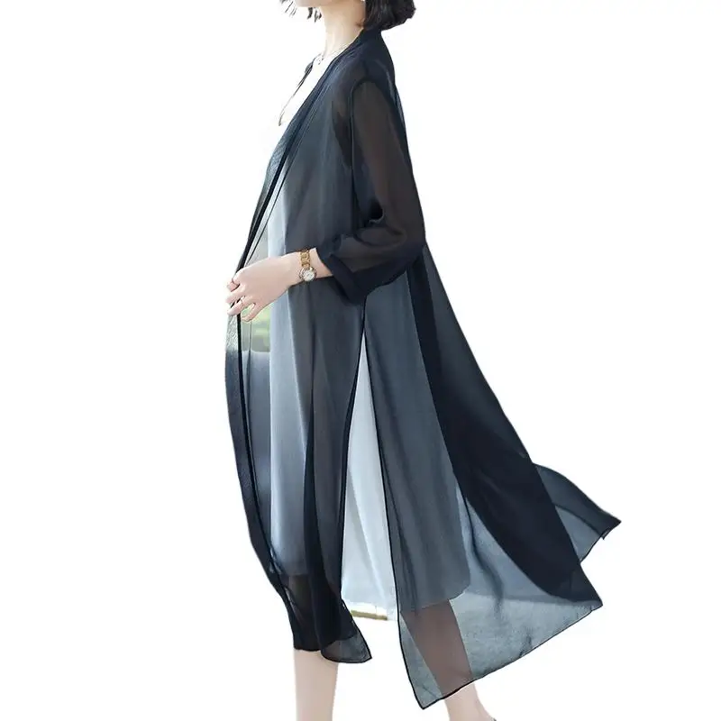 Blusa tipo cárdigan de gasa larga de verano para mujer, estilo kimono, camisa de oficina con protección solar, tops de playa, blusas de talla grande para mujer