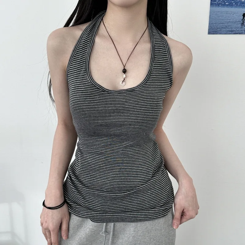 

Stripe Backless Sexy Halter Neck Bodycon Casual Sport Streetwear Hottie Camisole Summer Vintage Sleeveless Tops