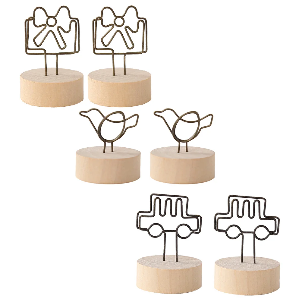 6pcs Photo Display Clamps Creative Wooden Steel Memo Clips Desktop Photo Storage Note Stands Message Holders Decorative