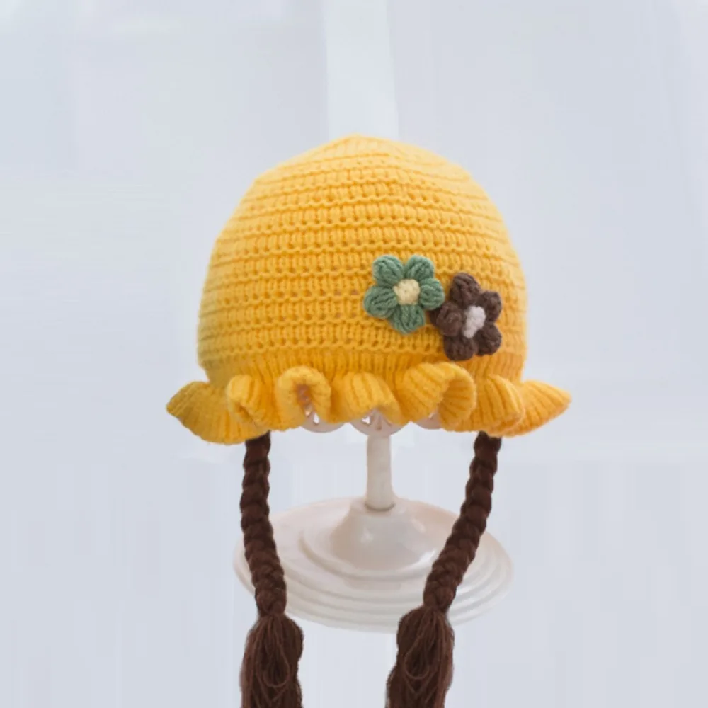 

Warm Flower Kid's Beanie Knitted Braids Knitted Cap Wool Thickened Wool Cap Girl