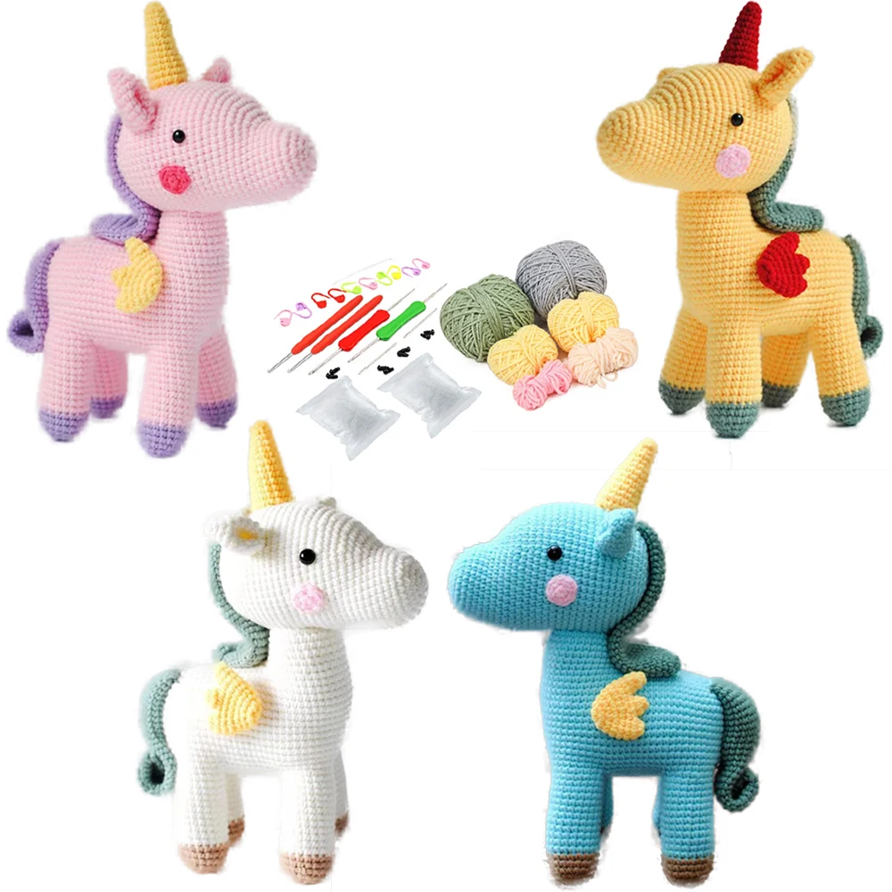 Unicorn Crochet Yarn Kit for Beginners DIY Animal Plush Doll Crochet with Yarn Hook and Accessories Hand Knitting Starter Kit