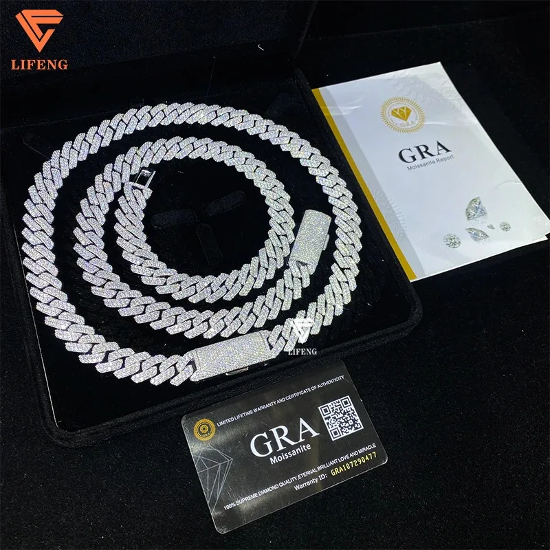 Out Iced 14mm Moissanite Cuban Chain Necklace White Gold Plated 925 Silver Hip Hop Jewelry for Men..