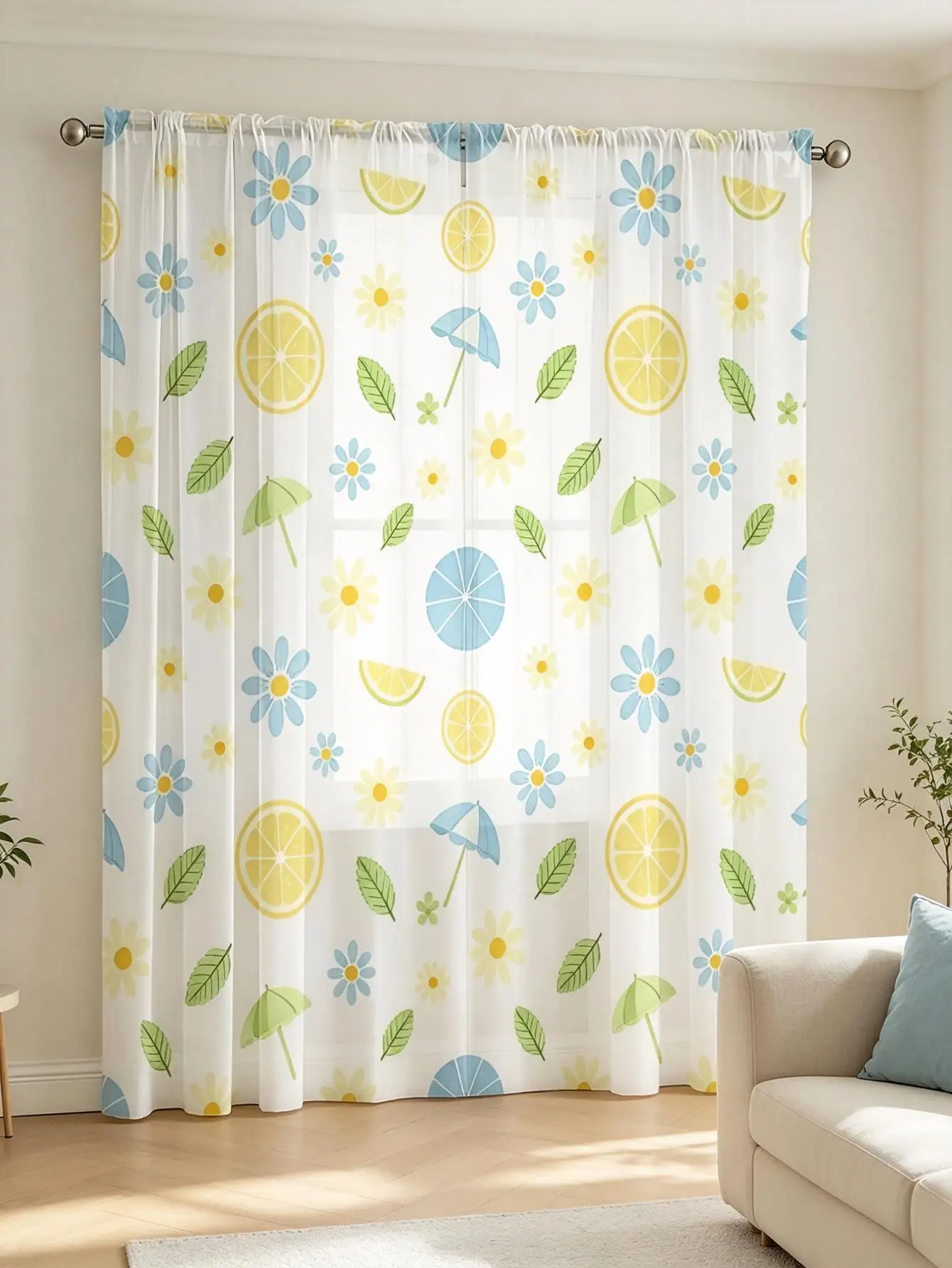 2PCS Digital Print Sheer Curtain, Summer Lemon Flower Citrus Fruit Fresh Window Drapes for Living Room Bedroom Home Decor