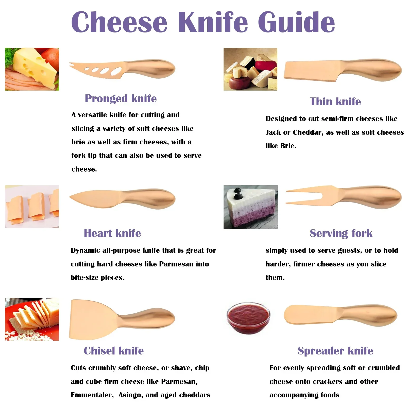 

Rose Gold 6Pcs Food Grade Cheese Knife Tool Set Stainless Steel Handle Cheese Knife Set for Cheese Pizza Kitchen Accessories