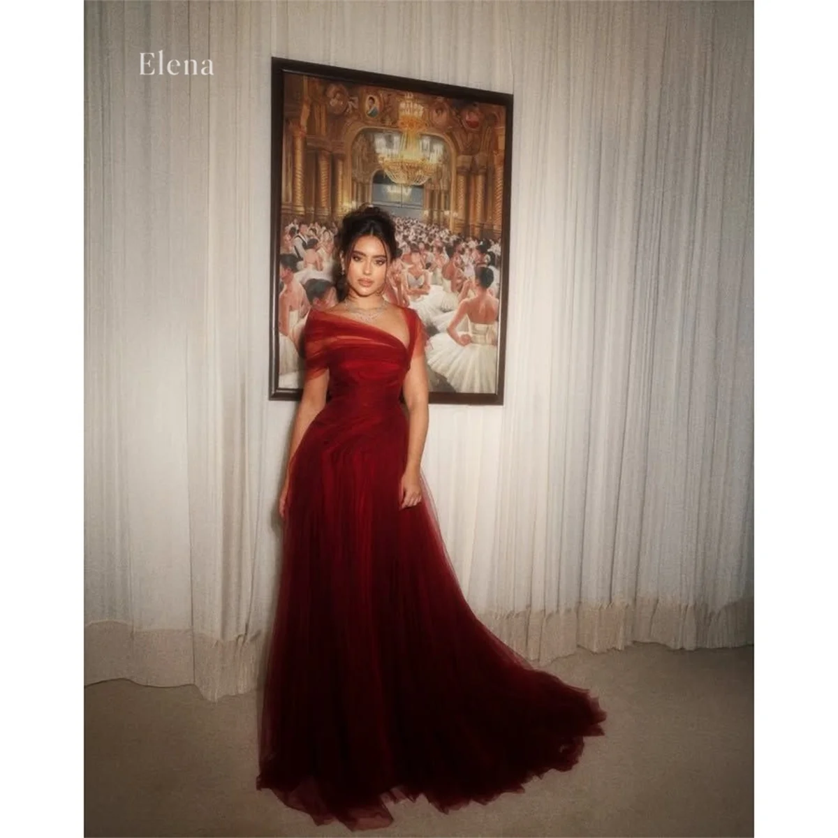 Elena Tulle One-Shoulder Burgundy A-Line Elegant Evening Gown Silhouette Romantic Bodice Details Flowing Skirt Ruched Customized