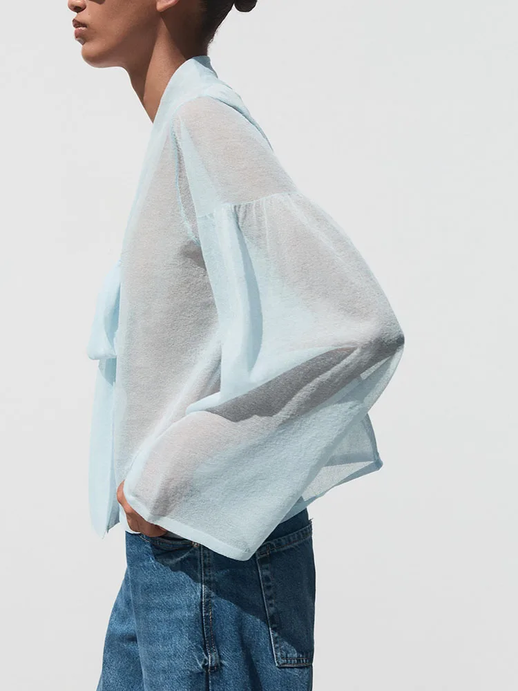 New Summer Women's Long Sve Knitted irt  Knot Decorated Versatile f Transparent Commute Sle Faionable La...