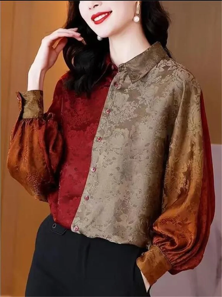 

Fashion Chiffon Blouses Women’s Shirt Jacquard Retro Top For Women Polo Neck Autumn Clothes Basice Button Up Female Shirt