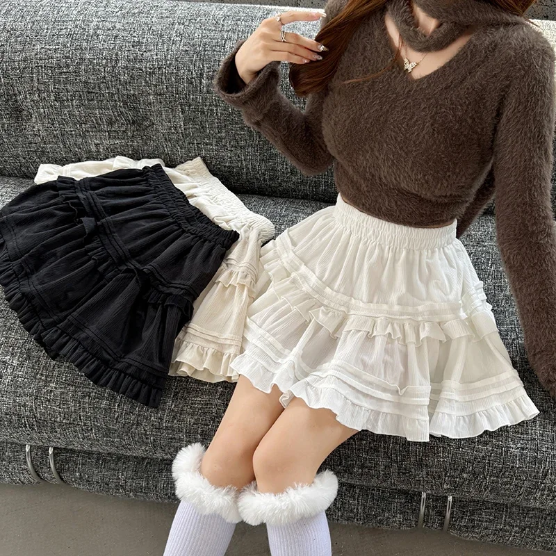 Sweet Velvet Mini Skirts for Women Elastic High Waist Fashion All-Match A-line Skirt Spliced Folds Solid Color Puffy Cake Skirts