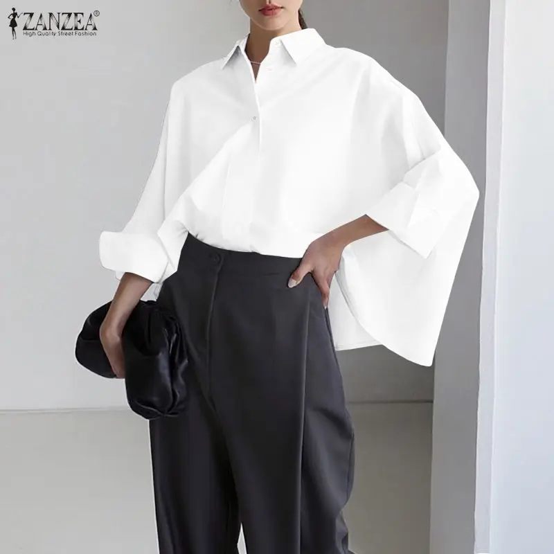 

ZANZEA Woman A-Line White Shirts Turn-Down Collar Long Sleeves Button Up Solid Color Oversized Tops Spring Summer Chemise Femme