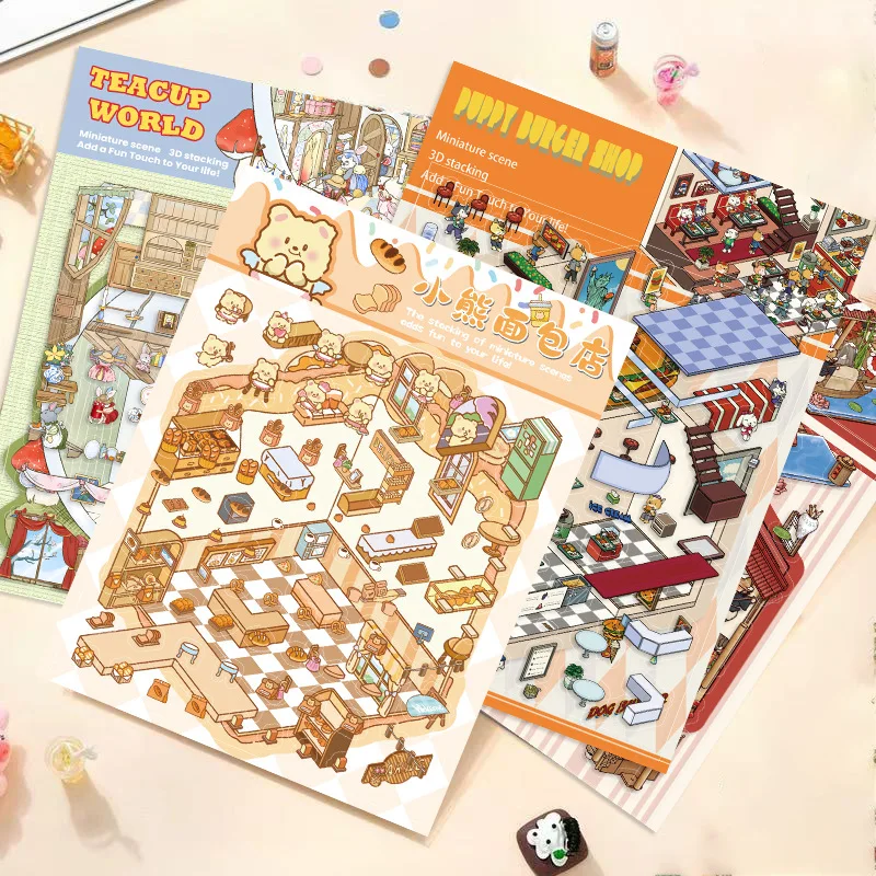 3d dos desenhos animados paisagem adesivos urso padaria mundo em miniatura 3d pequena casa descompressão diy cena mão conta adesivos