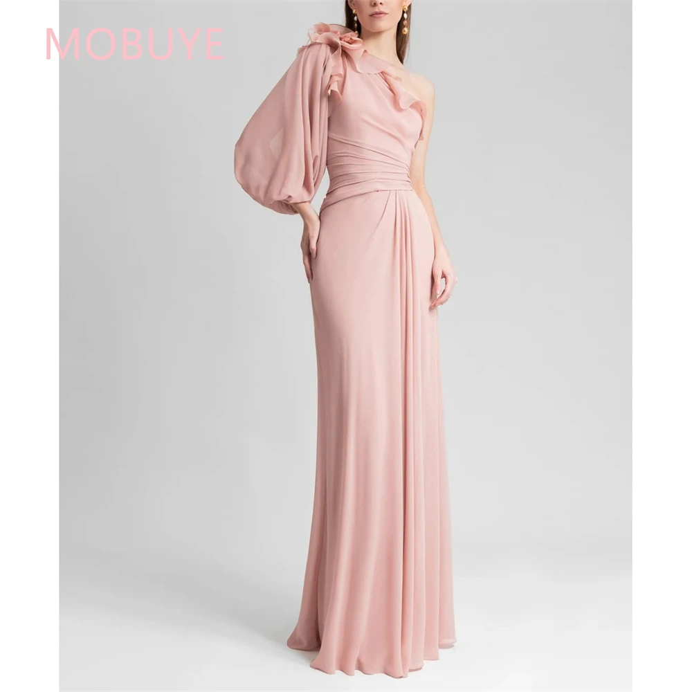 

MOBUYE 2024 Arab Dubai One Shoulder Prom Dress Long Sleeves With Floor Length Evening Fashion Elegant Party Dress For Women