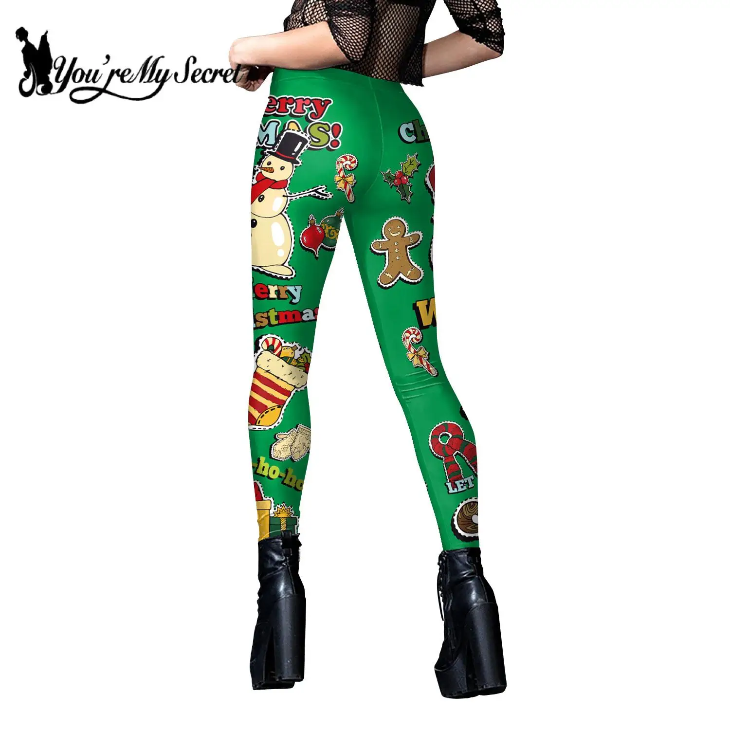 [You're My Secret] 女性用クリスマスレギンス セクシーなスノーフレークプリント ホリデーパーティーパンツ 女性用面白い弾性タイツズボン