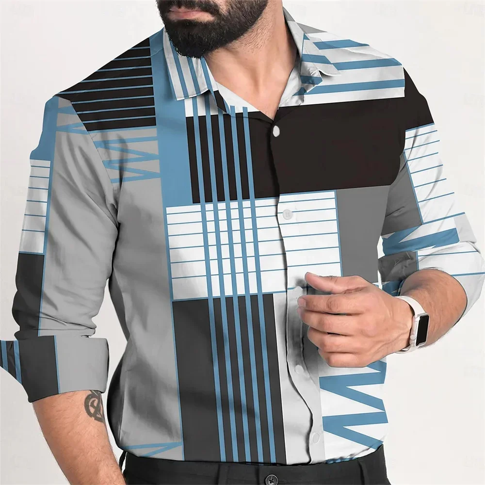 Camisa informal versátil para hombre, camisa de manga larga a cuadros irregulares, solapa de un solo pecho, moda urbana, otoño