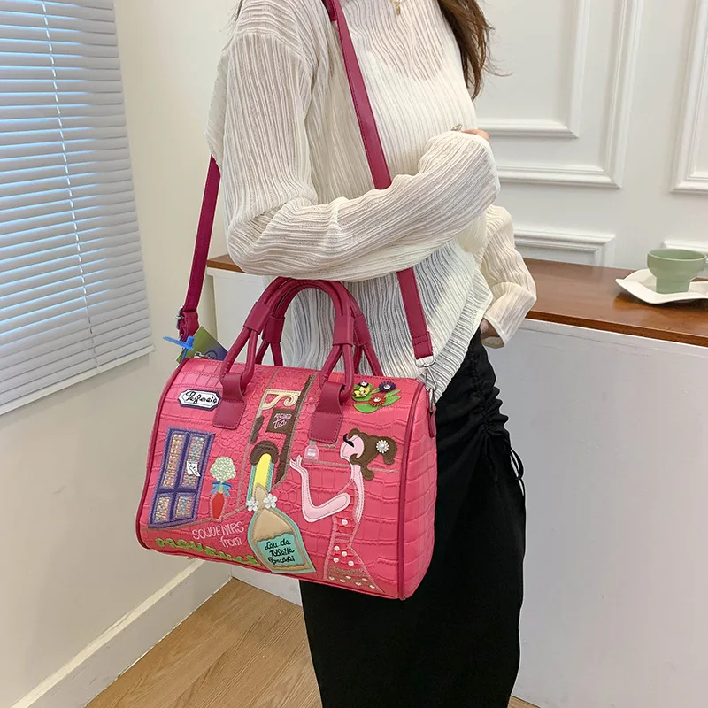 

Creative Embroidery Boston Bag for Women, Unique Artistic Shoulder Bag, Fall New Trendy Crossbody Purse, Niche Design