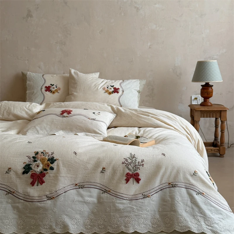 Cotton Linen Blend Bedding Set Vintage Floral Bouquet Embroidery Hollow Lace Patchwork Duvet Cover Set Bed Sheet Pillowcase 4Pcs