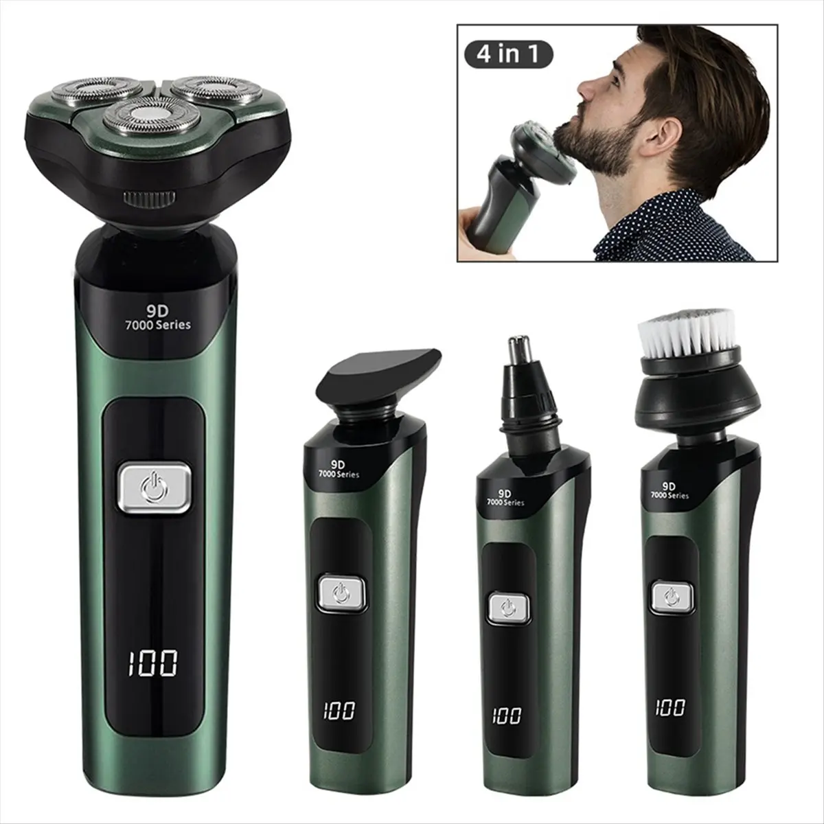 Rank! Electric Shaver LCD Digital Display Three-Head Floating Rechargeable Smart Razor Waterproof Shaver Type-C Charge Green