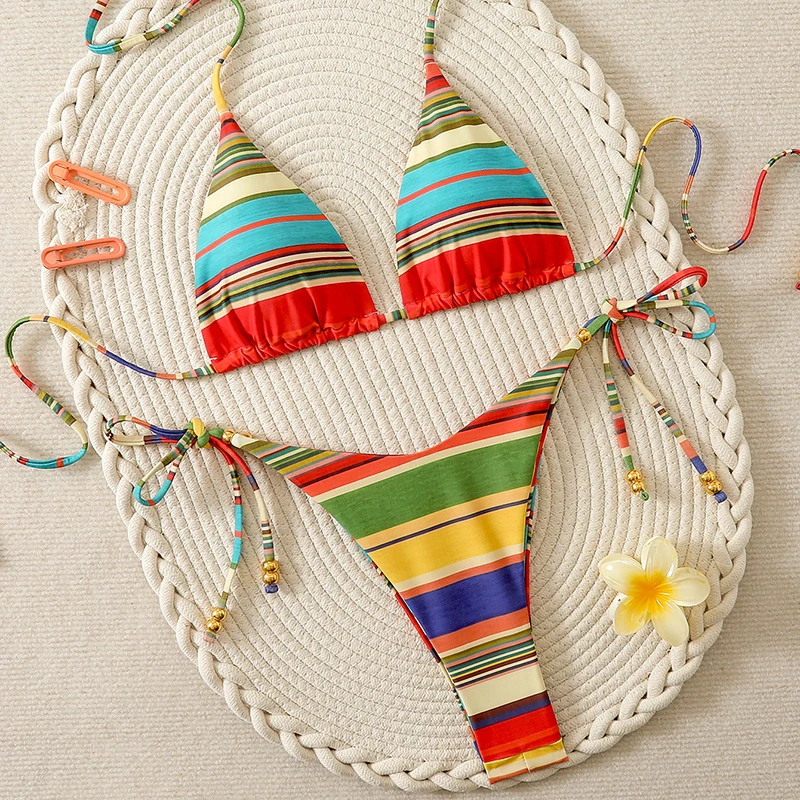 

Сексуальный купальник-бикини 2026: женский комплект с радужными полосками, пляжная одежда, купальник на шнуровке