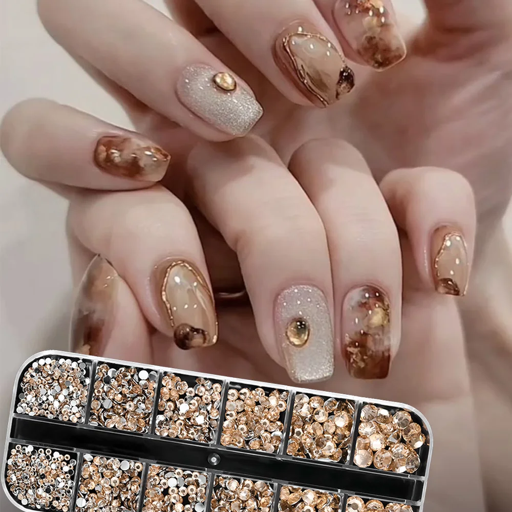 12Grids Champagne Golden Flat Back Resin Nail Diamond Multiple Sizes Resin Nail Rhinestone DIY Shiny Luxury Resin Nail Jewelry