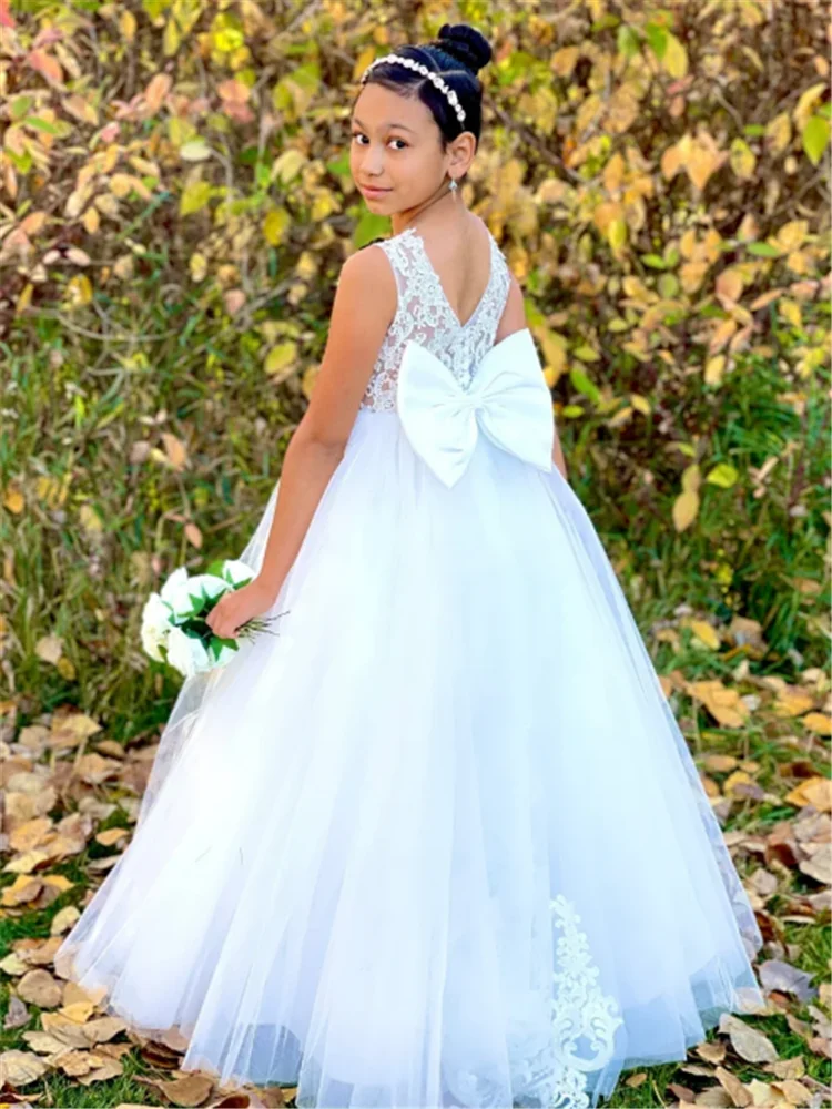 Vestido elegante de tul blanco sin mangas para niña, cinturón de lazo de encaje, vestidos de niña de flores, baile, desfile de belleza, primera comunión, regalo sorpresa de sueño para niños